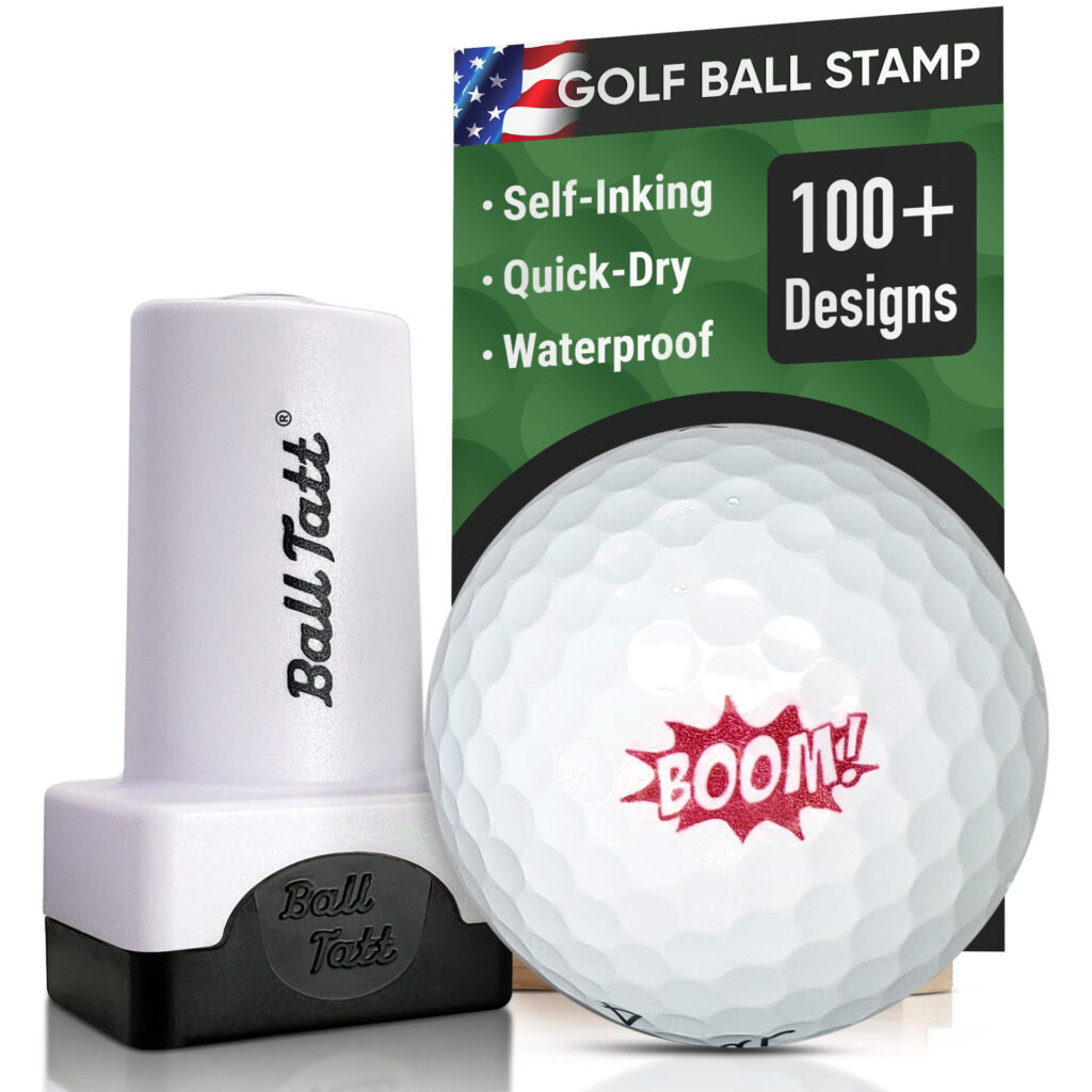 Ball Tatt self-inking golf ball stamp with Boom design imprint