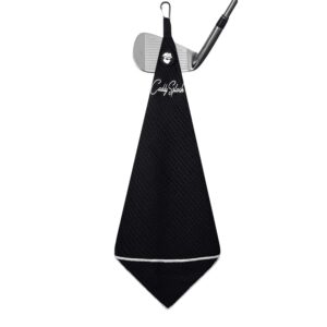 Caddy Splash magnetic golf towel with ball pocket clipped to a club