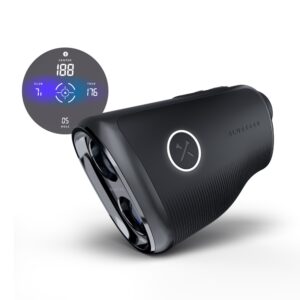 Blue Tees Captain Pro rangefinder with its in-lens display showing GPS center yardage, plays-like distance and club suggestion