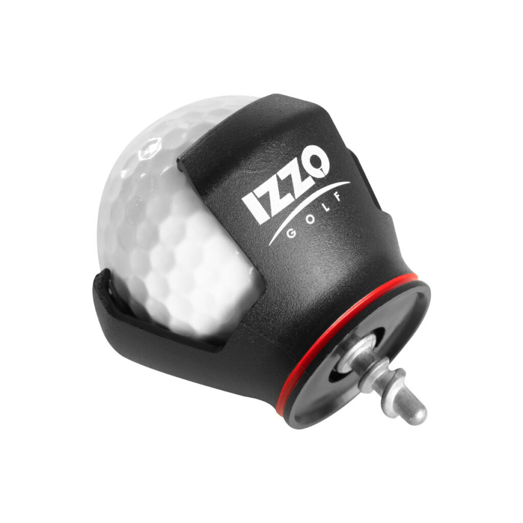 IZZO Golf Ball Grabber holding a golf ball, with the screw that attaches to a putter grip